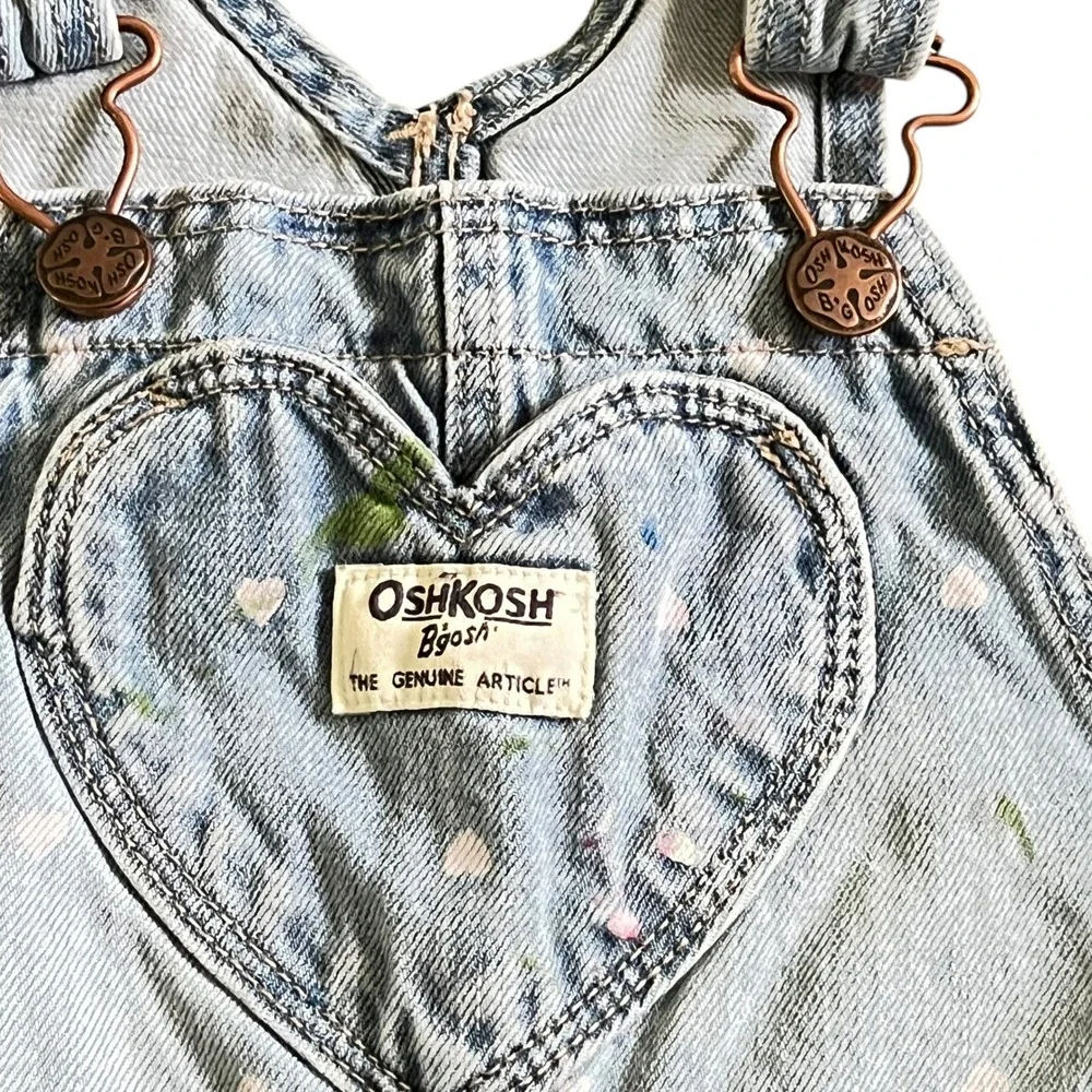 OshKosh Bgosh Toddler Girls 3T Heart Print Pocket Denim Overalls Blue Bibs Kids